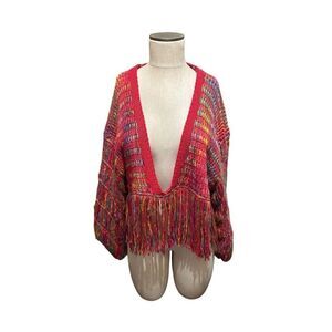 Akira Cropped Sweater Pink Boho Crochet Fringe Deep V Neck Bell Sleeves Sz M/L